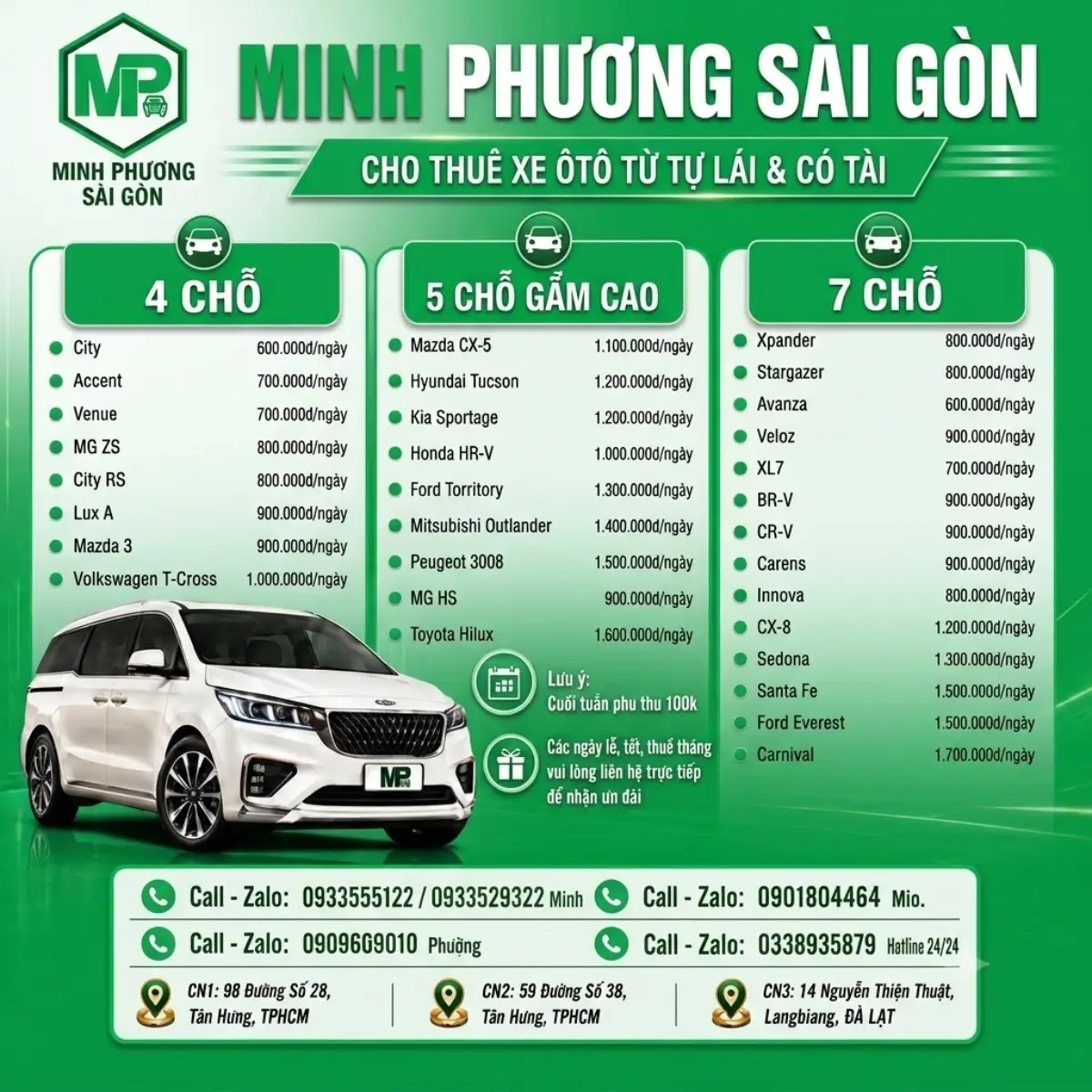 bảng giá thuê xe tự lái tháng 9 tại mpsg