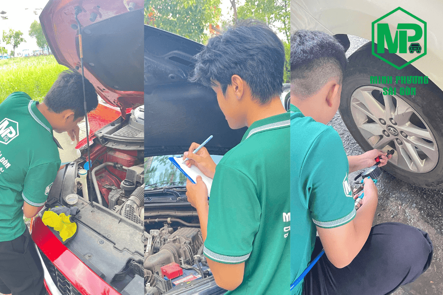 Nhân viên kiểm tra xe tổng thể trước khi giao khách