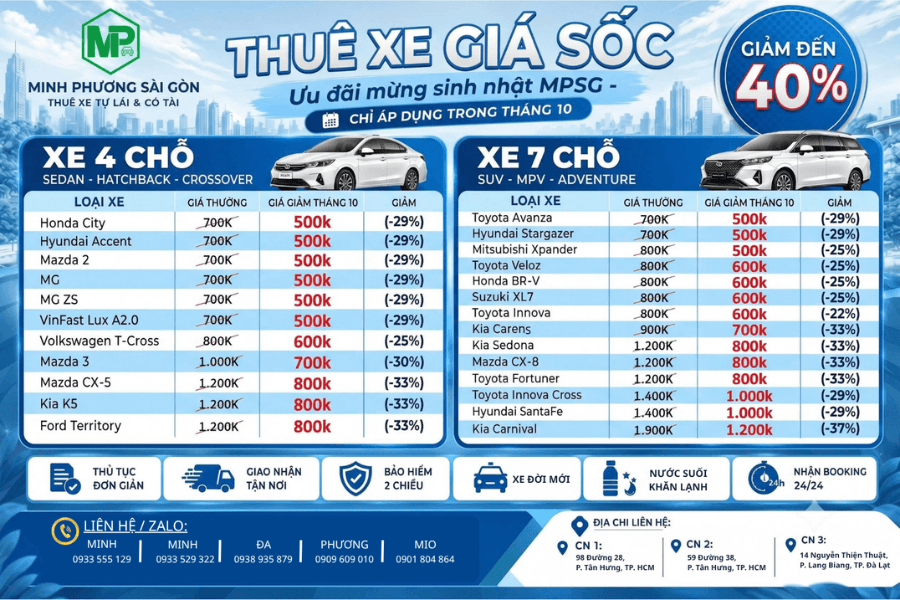 bảng giá ưu đãi thuê xe cho dịp lễ 20 tháng 10 tại MPSG